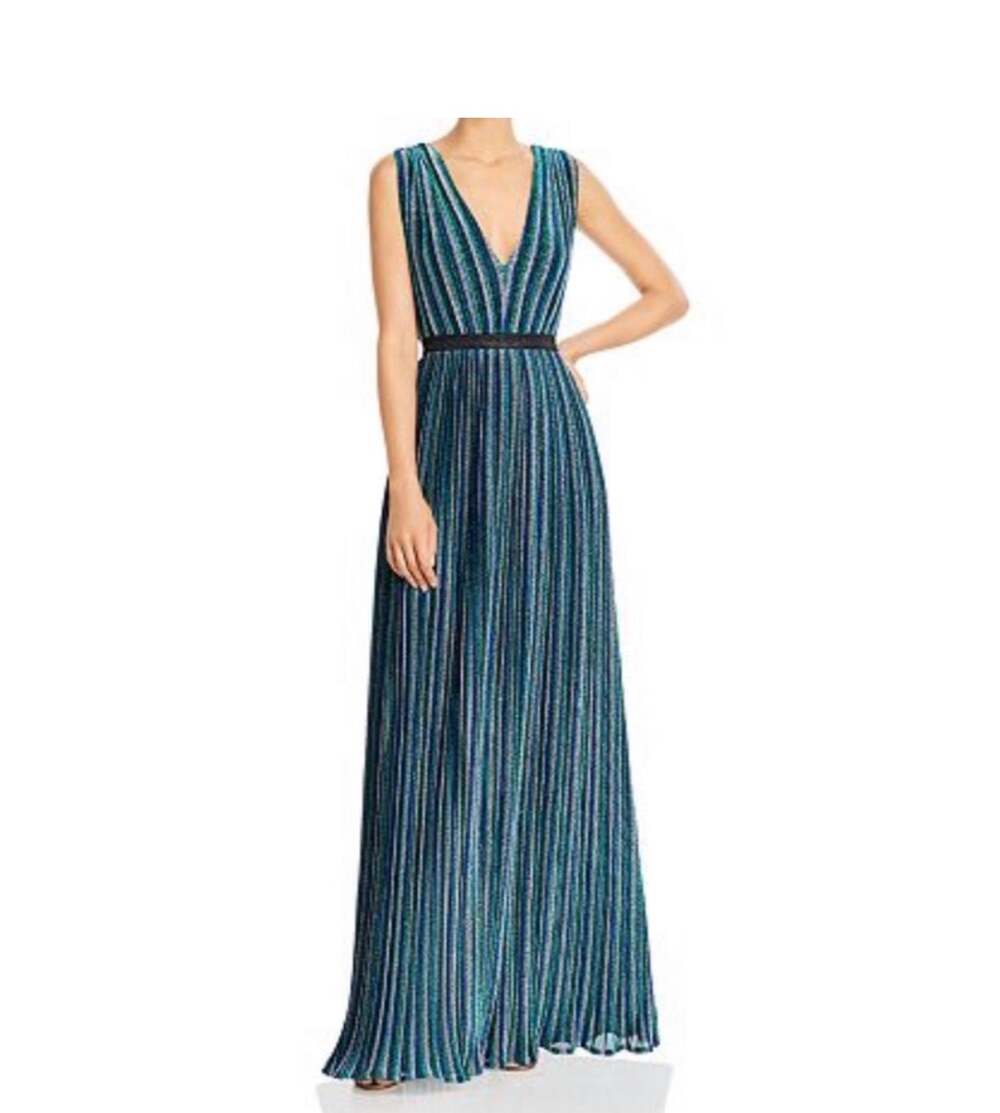 ✨ BCBGMAXAZRIA Metallic Stripe Pleated Maxi Gown | Size S | Blue Green